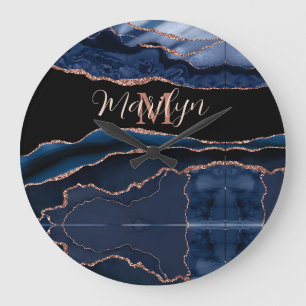 Grande Horloge Ronde Navy Blue Agate Rose Gold Pailleté Personnalisé Te