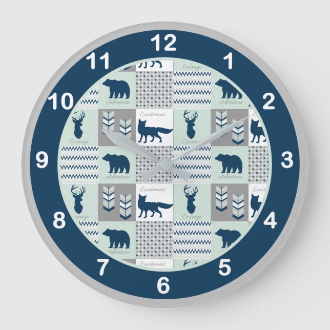 Grande Horloge Ronde Navy Blue, Mint Green Woodland Animals (Recto)
