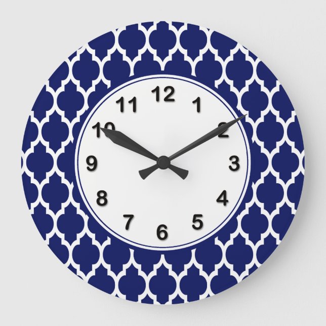 Grande Horloge Ronde Navy Blue White Moroccan Quatrefoil (Recto)