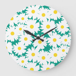 Grande Horloge Ronde Négative Space Daisies blanc jaune sur vert