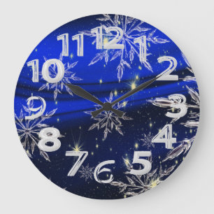 Grande Horloge Ronde Neige blanche sur fond bleu