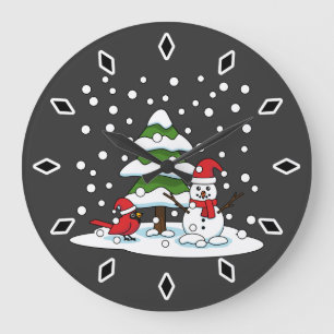 Grande Horloge Ronde Neige tombant sur Cardinal, Snowman et Pine Tree