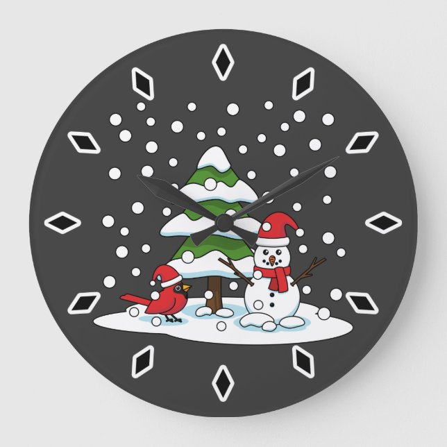 Grande Horloge Ronde Neige tombant sur Cardinal, Snowman et Pine Tree (Recto)