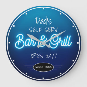 Grande Horloge Ronde Neon Blue Script Papa's ou Any Name Bar Grill