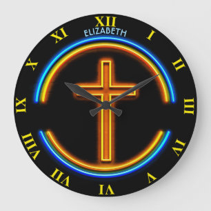 Grande Horloge Ronde Néon d'or Jésus chrétien psychédélique rougeoyant