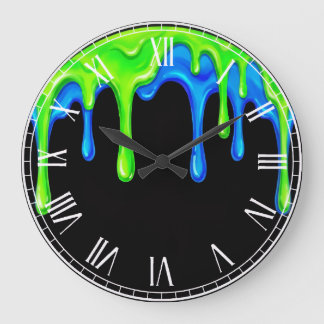 Grande Horloge Ronde Neon Green & Blue Slime Drip Black Gamer Graffiti 