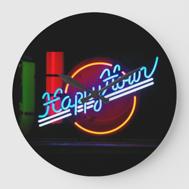 Grande Horloge Ronde NEON HAPPY HOUR HOME BAR WALL Clock (Recto)