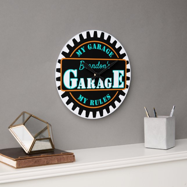 Grande Horloge Ronde Neon Orange Turquoise Blue Garage Texte sur Noir (Bureau)