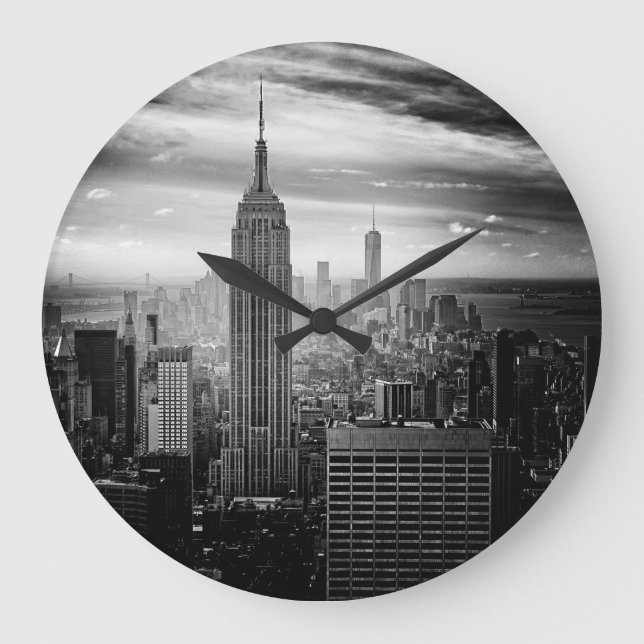 Grande Horloge Ronde New York City Skyline noir et blanc (Recto)