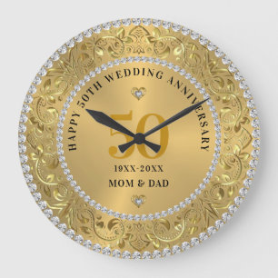 Grande Horloge Ronde Noces de Diamants et d'Or 50e Anniversaire de Mari