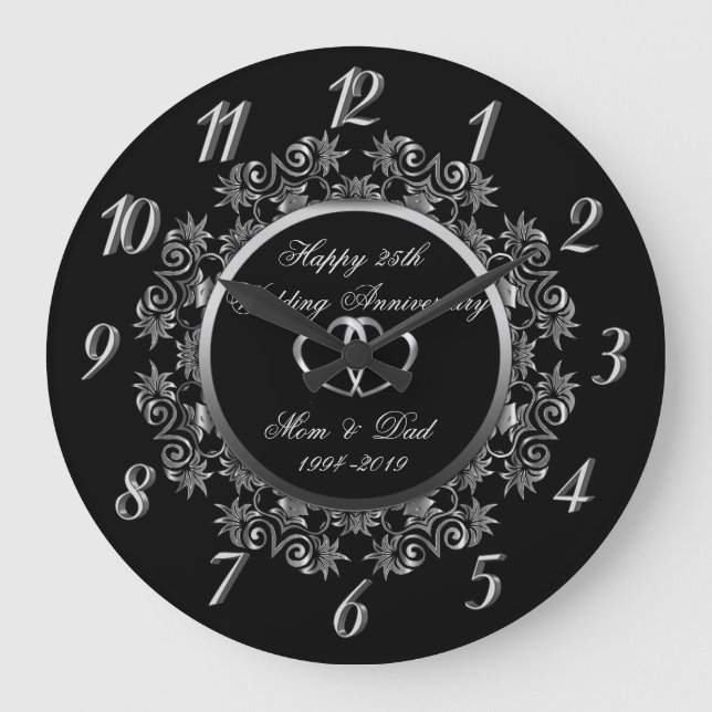 Grande Horloge Ronde Noces de mariage 25 ans Argent Tourbillons Cœurs (Recto)