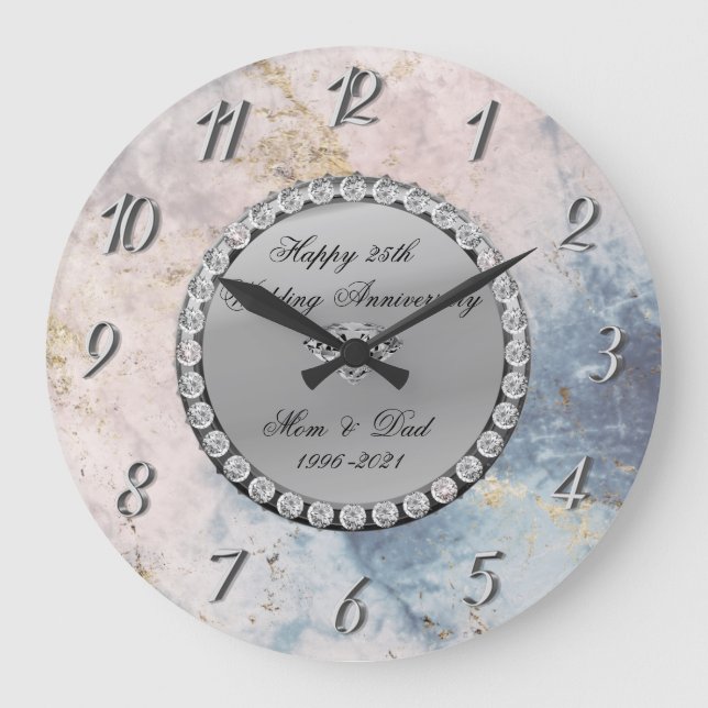 Grande Horloge Ronde Noces de mariage en marbre diamanté argent 25 ans  (Recto)