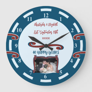 Grande Horloge Ronde Noces de rubis 40 ans ajouter noms photo bleu