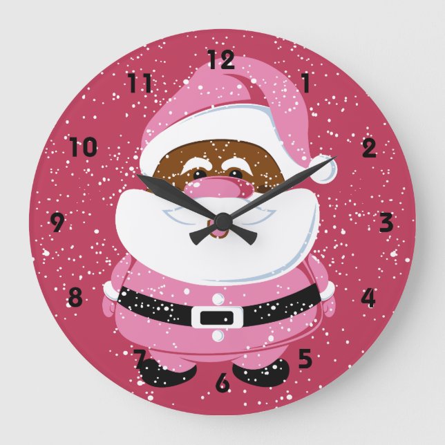 Grande Horloge Ronde Noël au Père Noël afro-américain rose mignon (Recto)