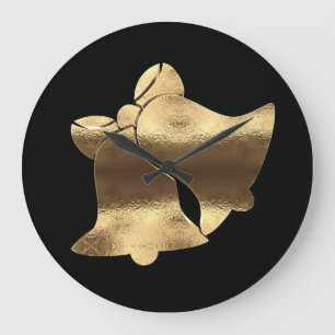 Grande Horloge Ronde Noël Cloches Black Gold Look Festive Élégant