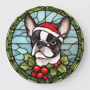 Grande Horloge Ronde Noël de Boston Terrier en verre teint