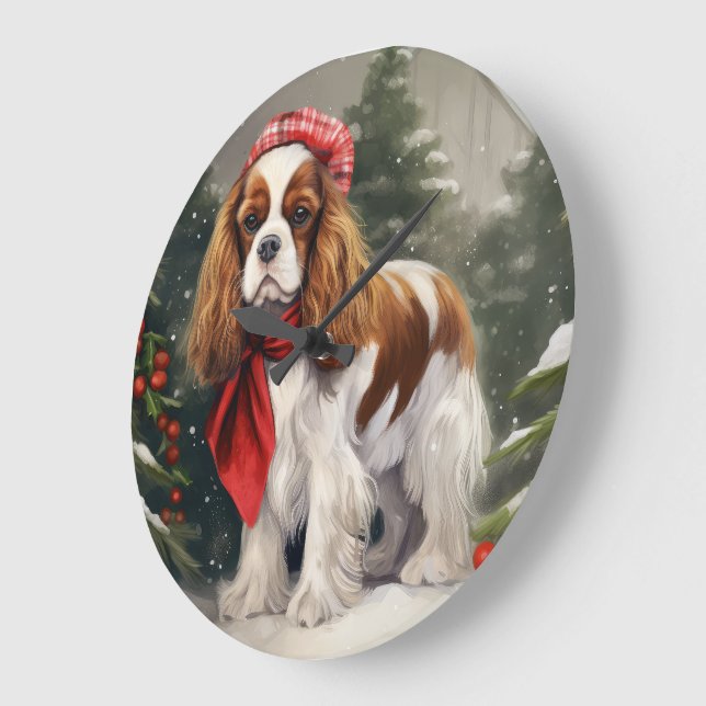 Grande Horloge Ronde Noël du chien espagnol Cavalier King Charles (Angle)