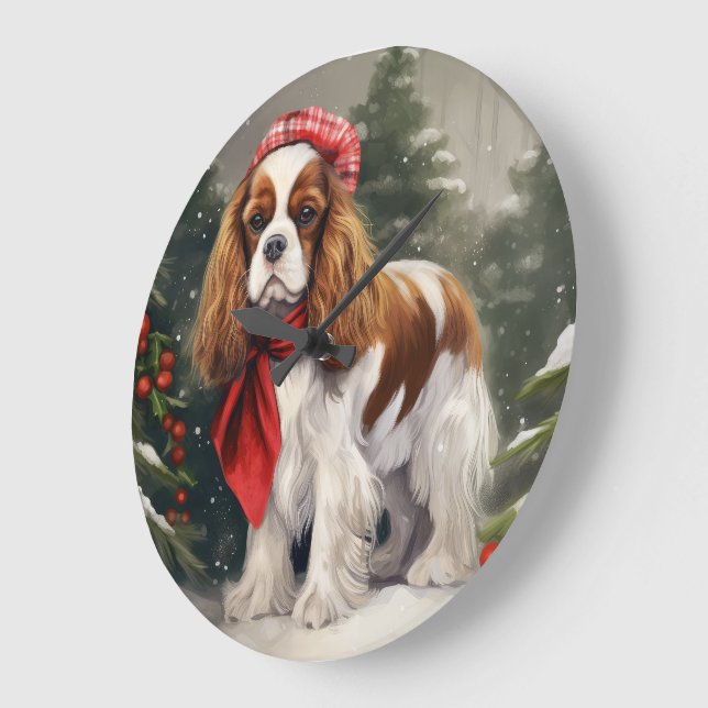 Grande Horloge Ronde Noël du chien espagnol Cavalier King Charles (Angle)