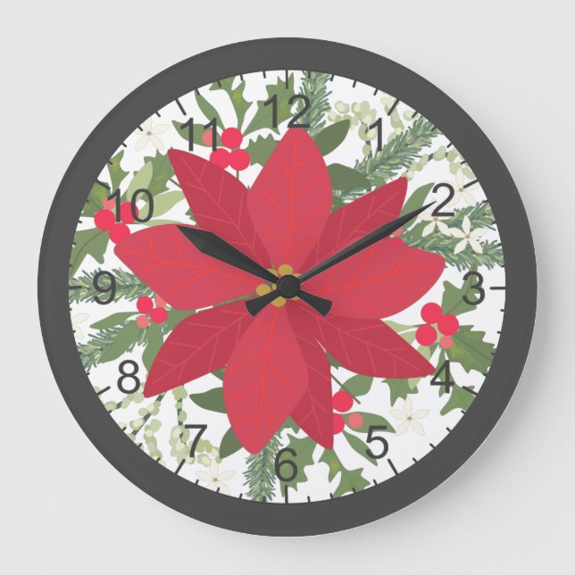 Grande Horloge Ronde Noël Floral Rouge Poinsettia (Recto)