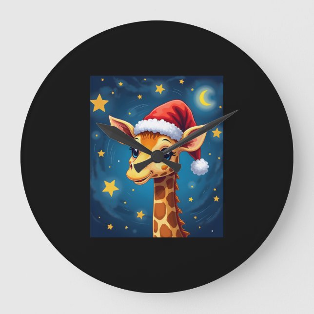 Grande Horloge Ronde Noël Giraffe Santa Hat Starry Nuit Fête L (Recto)