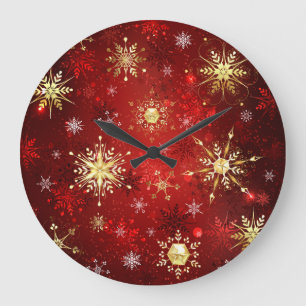 Grande Horloge Ronde Noël Golden Snowflakes sur Arrière - plan rouge