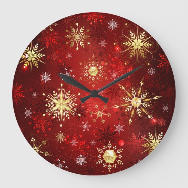 Grande Horloge Ronde Noël Golden Snowflakes sur Arrière - plan rouge (Recto)