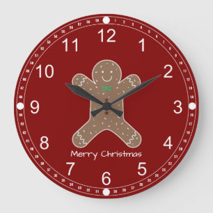 Grande Horloge Ronde Noël Homme en pain d'épices en rouge Joyeux Noël