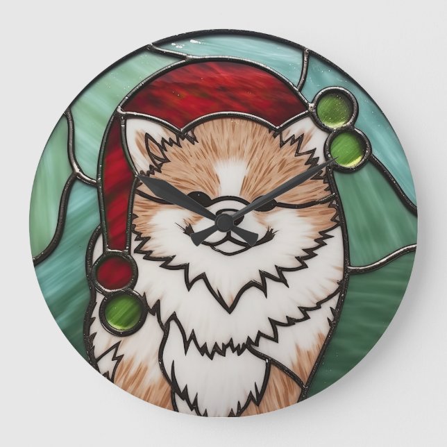 Grande Horloge Ronde Noël Poméranien en verre teint (Recto)