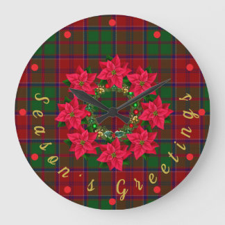 Grande Horloge Ronde Noël Tartan Poinsettia rouge