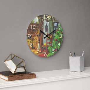 Grande Horloge Ronde Noël vintage, chalet confortable avec cheminée