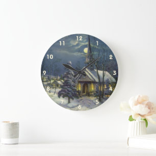Grande Horloge Ronde Noël Vintage, Église d'hiver en Neige avec Lune