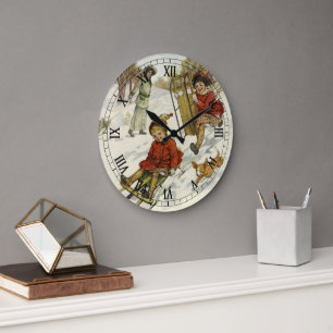 Grande Horloge Ronde Noël vintage, enfants victoriens faisant de la lug