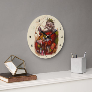 Grande Horloge Ronde Noël vintage, jouets en pipe de Père Noël victorie