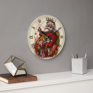 Grande Horloge Ronde Noël vintage, jouets en pipe de Père Noël victorie