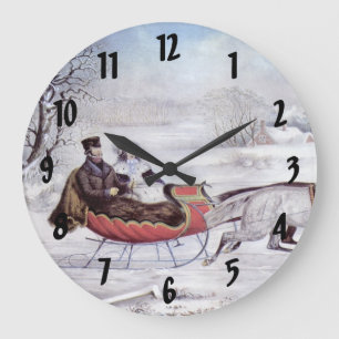 Grande Horloge Ronde Noël Vintage, La Route Hiver, Cheval Sleigh