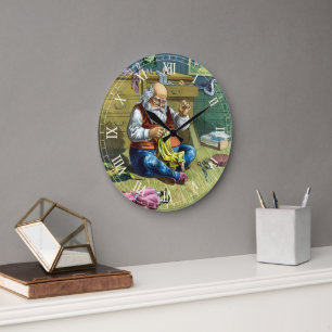 Grande Horloge Ronde Noël vintage, le Père Noël fabriquant des poupées