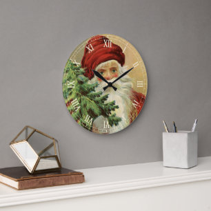 Grande Horloge Ronde Noël vintage, Père Noël victorien avec arbre