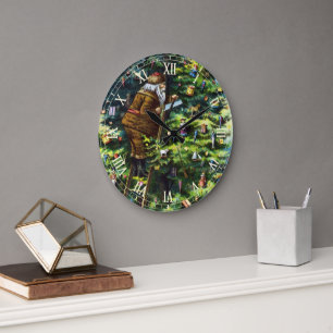Grande Horloge Ronde Noël vintage, Père Noël victorien avec arbre