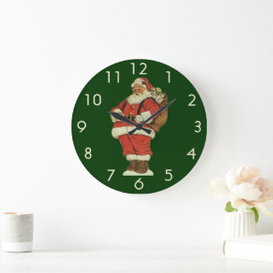Grande Horloge Ronde Noël vintage, Père Noël victorien avec des jouets