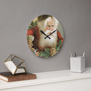 Grande Horloge Ronde Noël vintage, Père Noël victorien avec pin