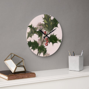 Grande Horloge Ronde Noël vintage, plante de houx avec des baies rouges