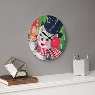 Grande Horloge Ronde Noël vintage rétro Snowman