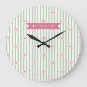 Grande Horloge Ronde Nœud Rose Personnalisé Rayure Verte Coquette Prépa
