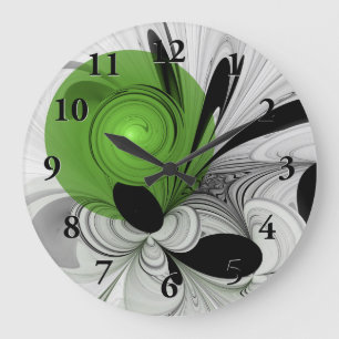 Grande Horloge Ronde Noir Abstrait et blanc avec art fractal vert