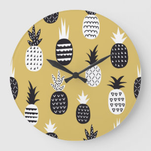 Grande Horloge Ronde Noir, ananas blanc, arrière - plan jaune