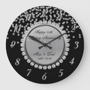 Grande Horloge Ronde Noir Argent Diamants 25e anniversaire de mariage