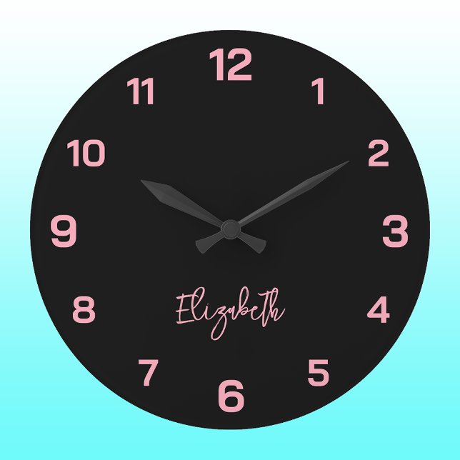 Grande Horloge Ronde Noir classique et élégant et nom rose bébé (Créateur téléchargé)