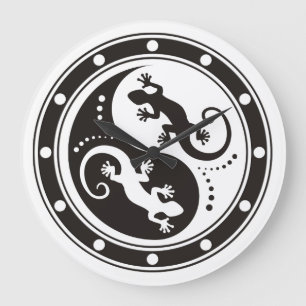 Grande Horloge Ronde Noir de Geckos de YIN et de YANG + votre arrière 