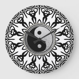 Grande Horloge Ronde Noir de tribal+Équilibre blanc de YinYang votre