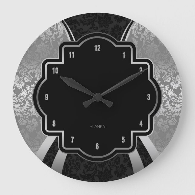 Grande Horloge Ronde Noir et Argent Damas Conception géométrique (Recto)